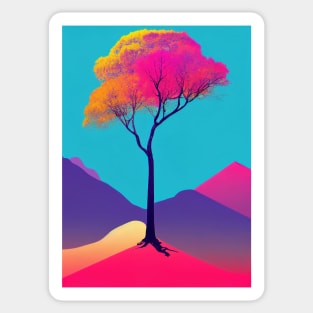 Lonely Tree Under A Blue Night Sky Vibrant Colored Whimsical Minimalist - Abstract Bright Colorful Nature Poster Art of a Leafless Tree Sticker